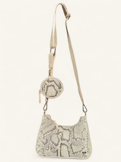 Bolsa para dama tipo bandolera en piel genuina de piton color hueso