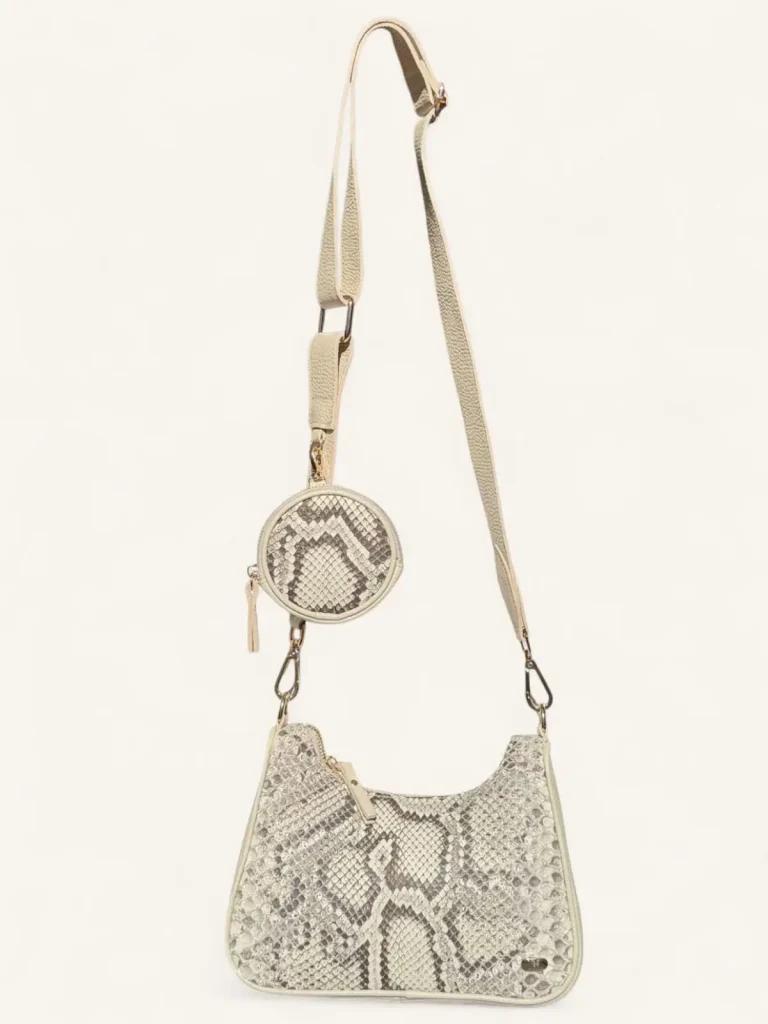 Bolsa para dama tipo bandolera en piel genuina de piton color hueso