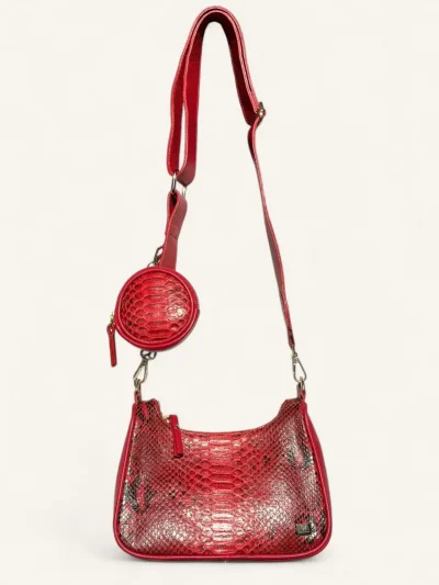 Bolsa para dama tipo bandolera en piel genuina de piton color rojo