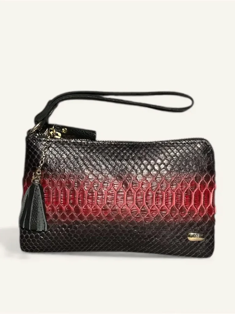 Bolsa para dama tipo muñequera en piel de pitón color negro y rojo frente