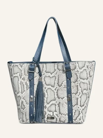 Bolsa para dama tipo tote en piel de pitón color azul marino y hueso frente
