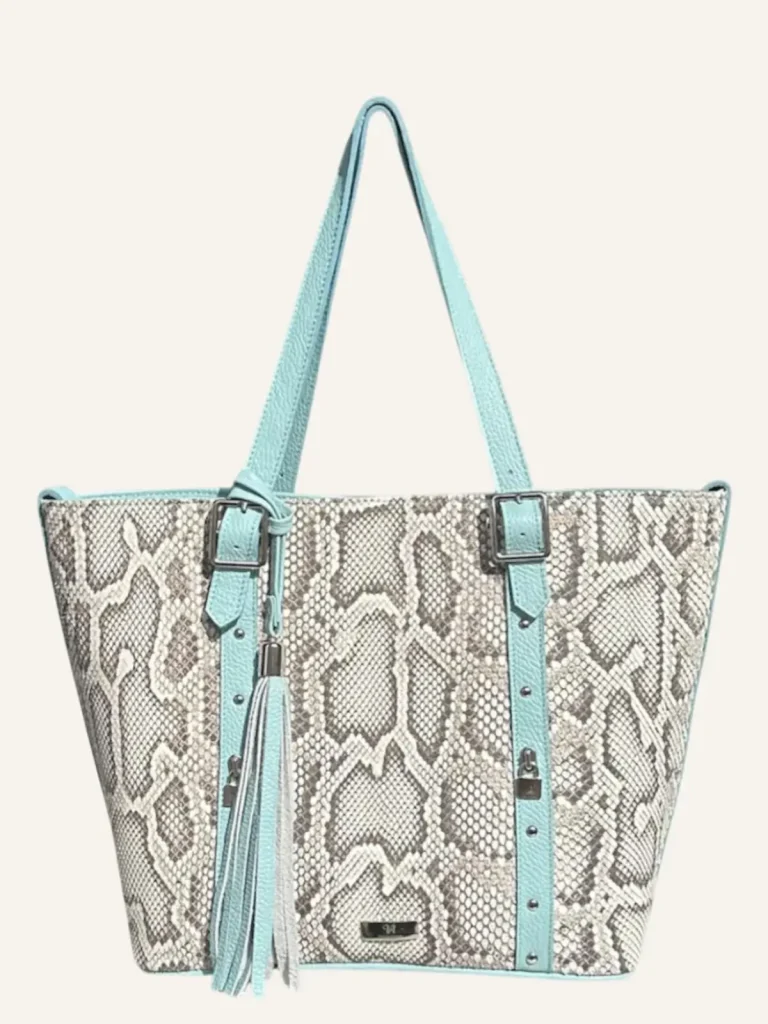 Bolsa para dama tipo tote en piel de pitón color menta y beige frente