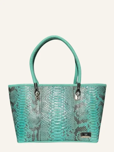 Bolsa para dama tipo tote en piel de pitón color turquesa frente